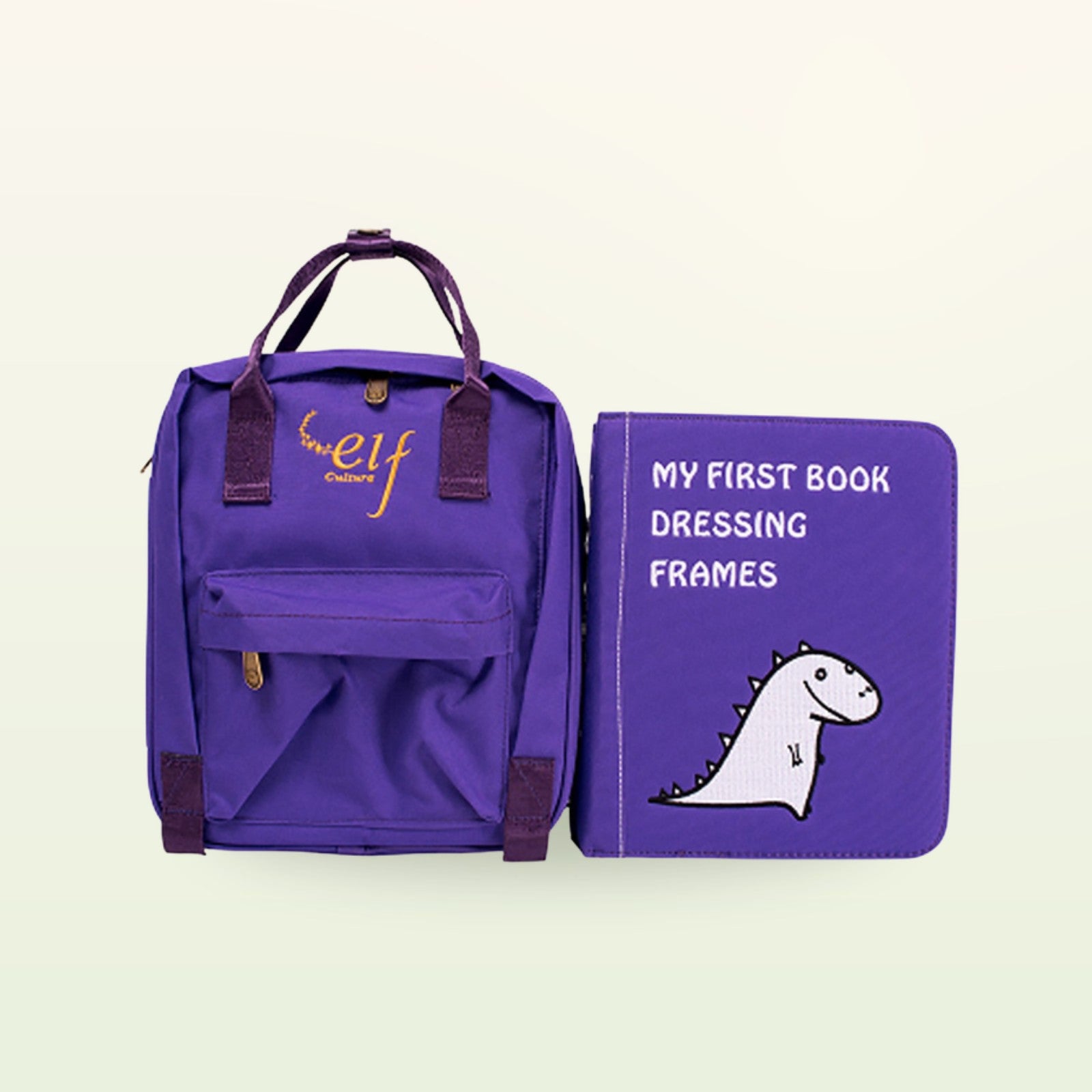 Kleiderschrank Montessori Quiet Book mit passendem lila Rucksack auf sanftem Creme-Hintergrund – ab 3 Jahren