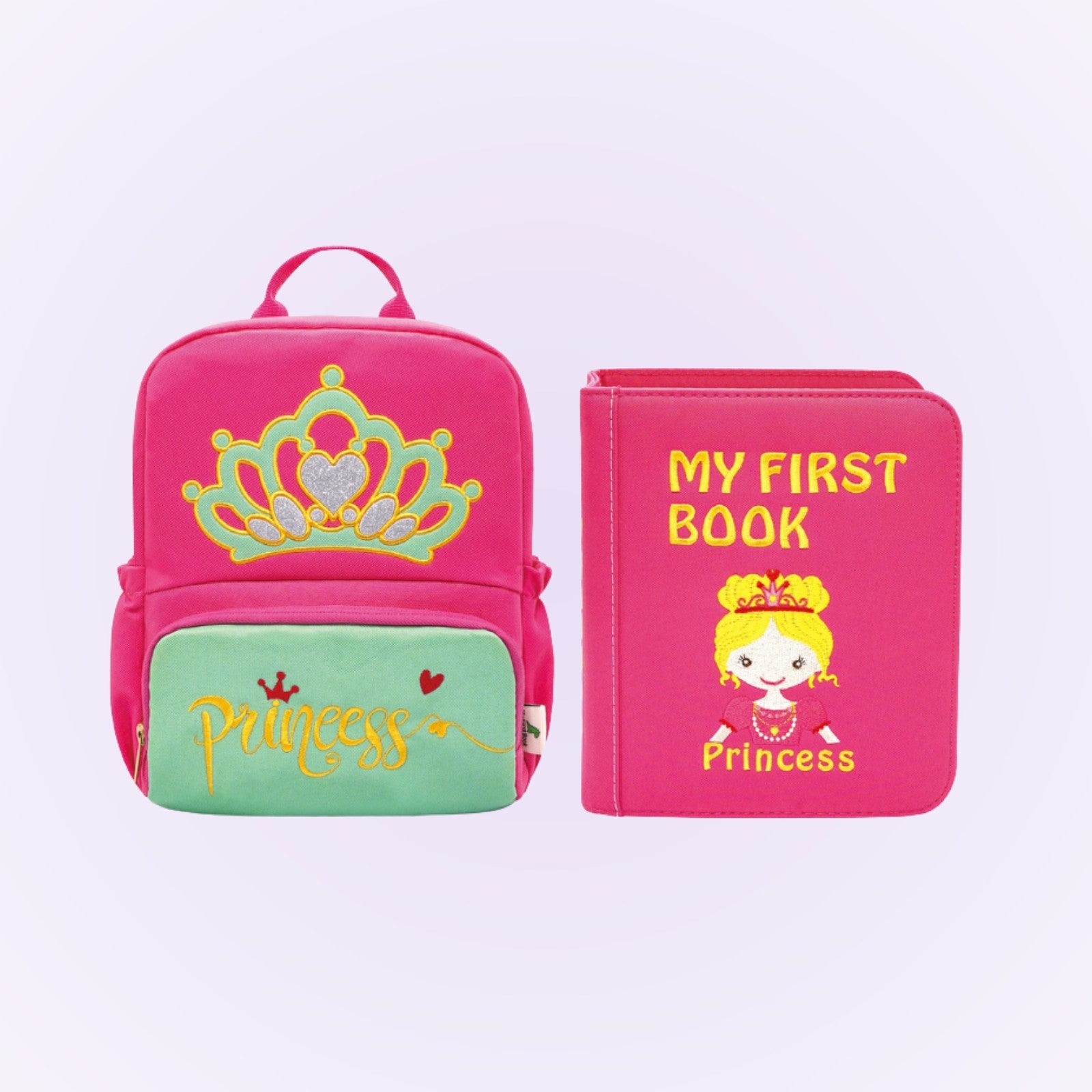 Prinzessin Quiet Book mit pinkem Rucksack auf sanftem Lavendel-Hintergrund – ab 3 Jahren