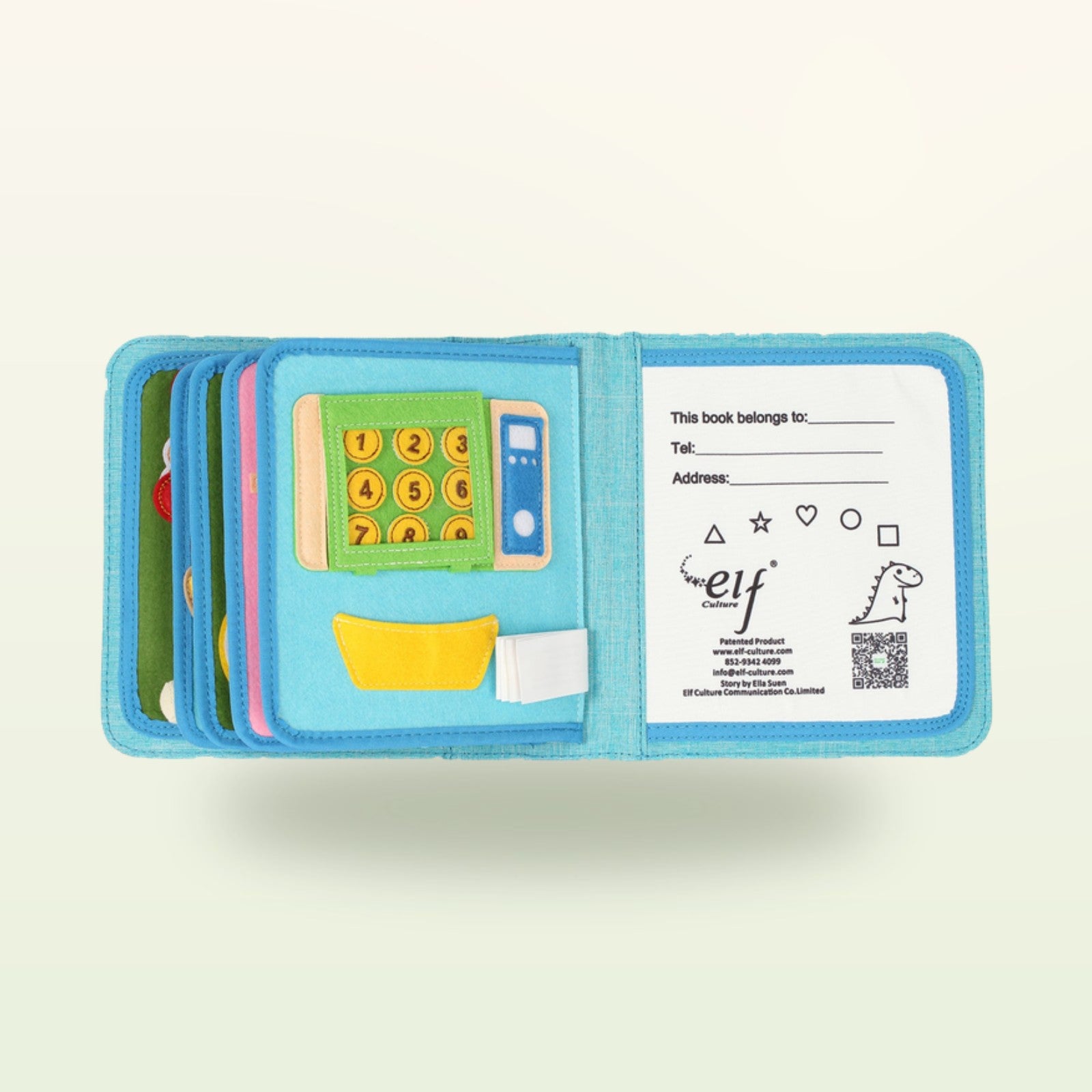 Kleine Feinschmecker Quiet Book Seite mit Filz-Registrierkasse und personalisierbarer Seite auf sanftem Creme-Hintergrund – ab 1 Jahr