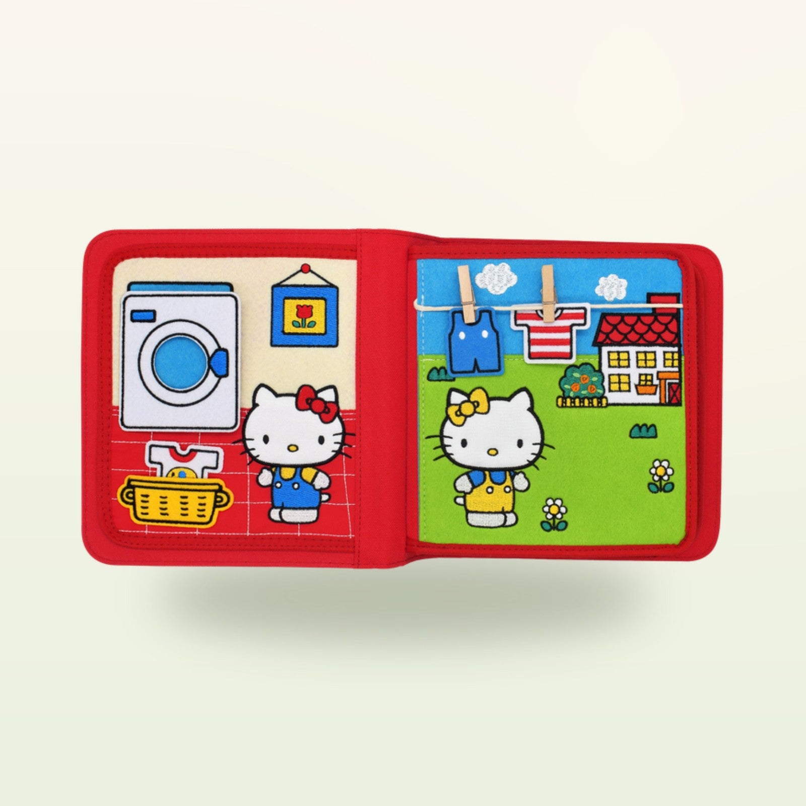 Hello Kitty Quiet Book Wasch-Doppelseite auf sanftem Creme-Hintergrund – ab 3 Jahren