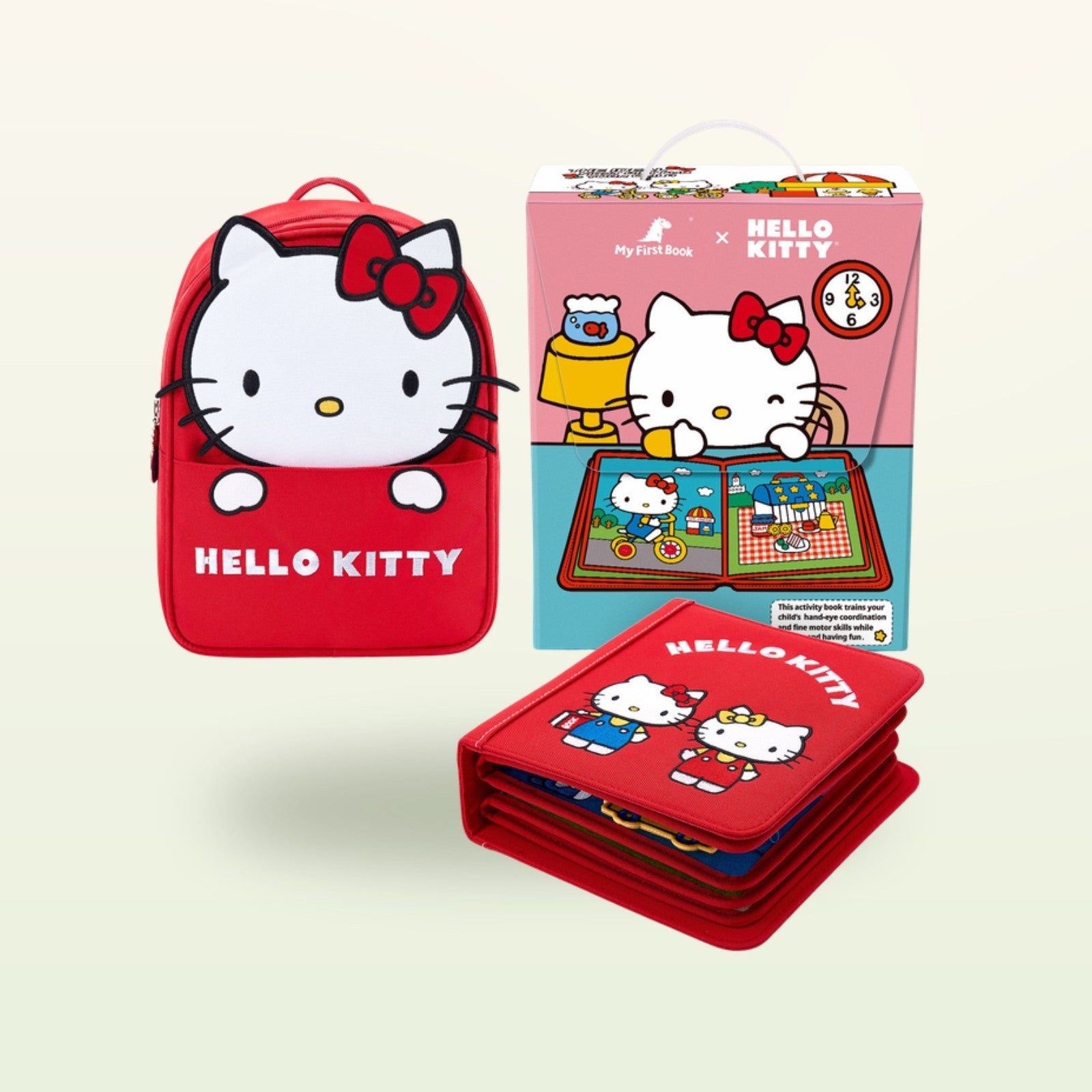 Hello Kitty Quiet Book rot mit Geschenkbox auf sanftem Creme-Hintergrund – ab 3 Jahren