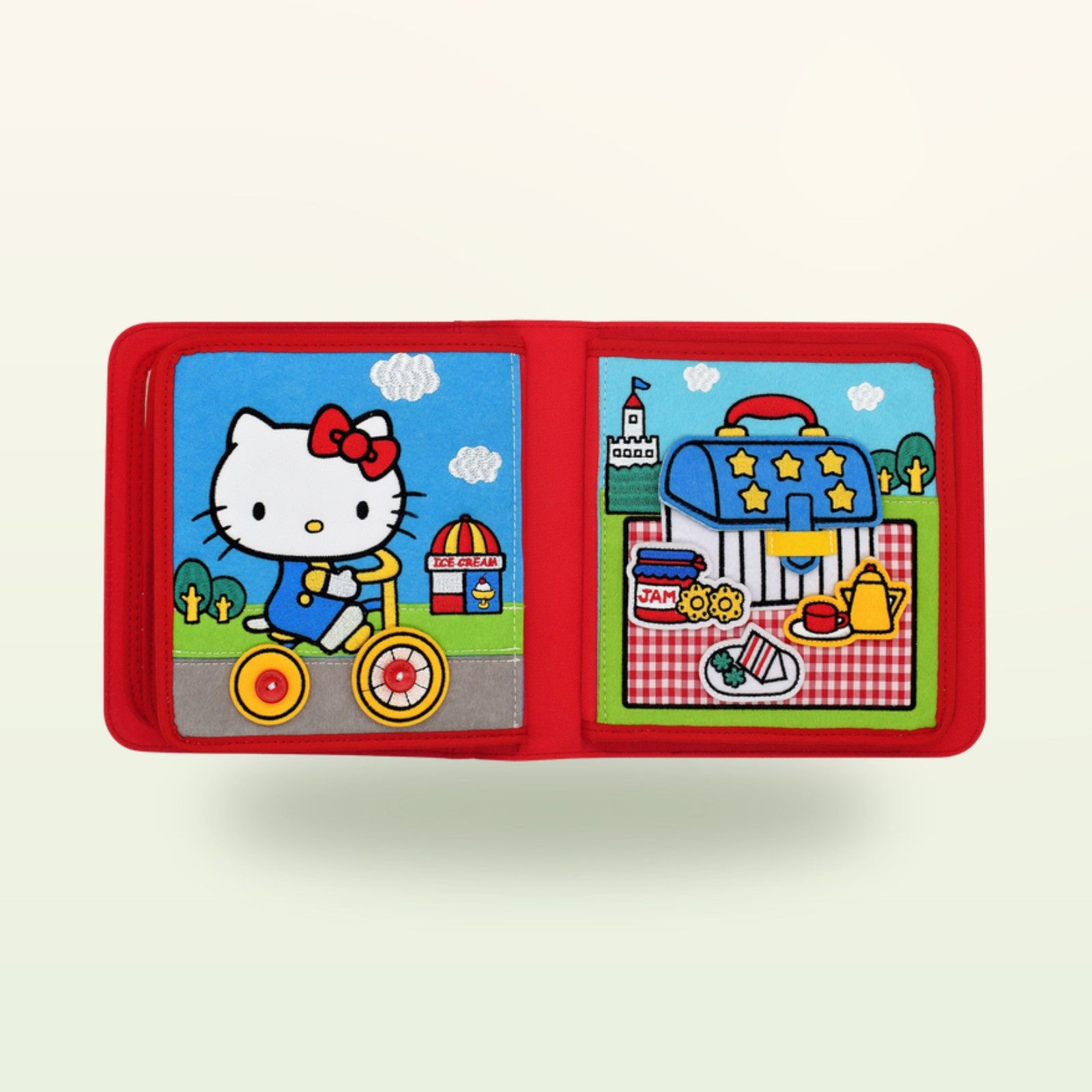 Hello Kitty Quiet Book Roller-Doppelseite auf sanftem Creme-Hintergrund – ab 3 Jahren
