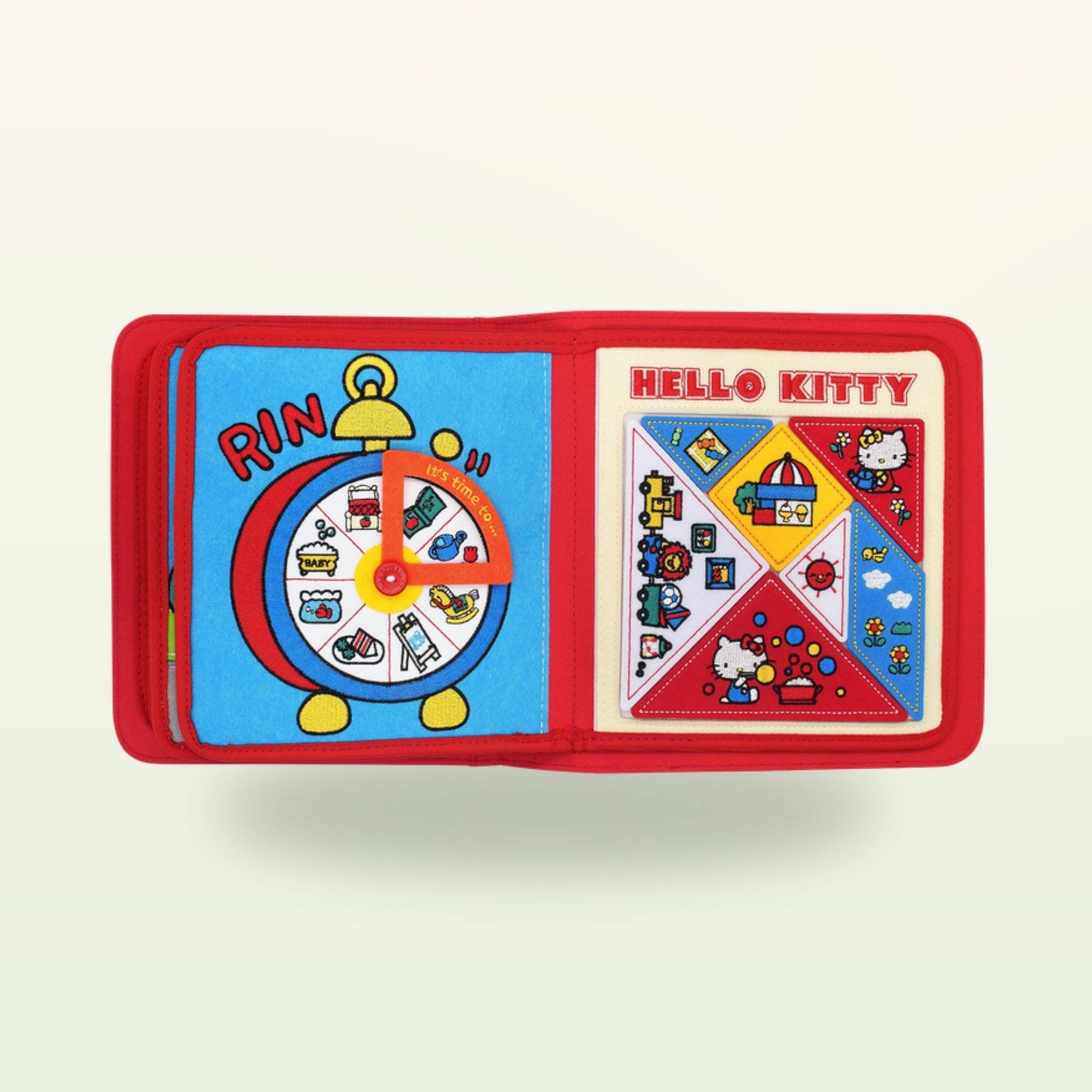 Hello Kitty Quiet Book Filz-Uhr und Puzzle Doppelseite auf sanftem Creme-Hintergrund – ab 3 Jahren