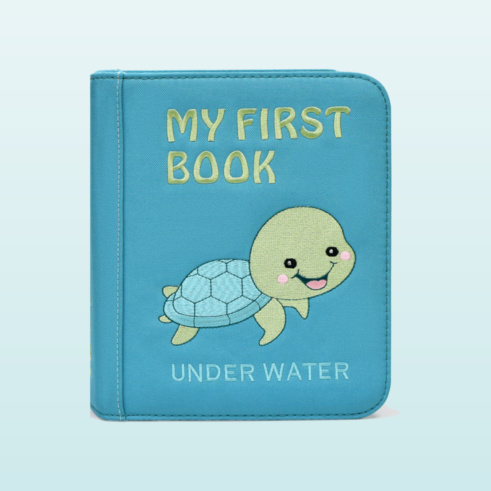 Unter Wasser Quiet Book geschlossen – türkises MY-FIRST-BOOK-Cover mit Schildkröte auf sanftem Meer-Hintergrund