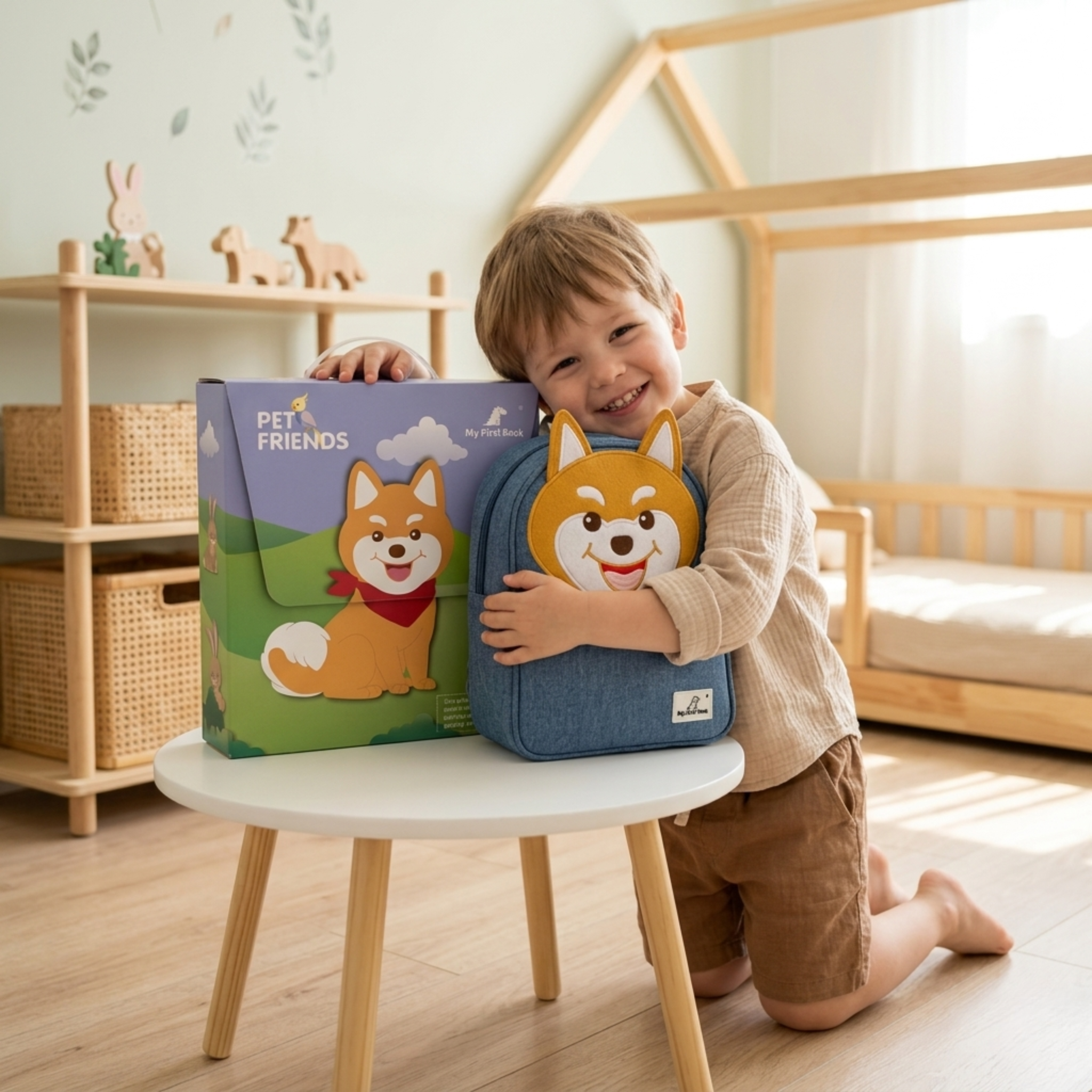 Lächelndes Kind kniet im Kinderzimmer und umarmt die Pet Friends Verpackung mit Hunde-Motiv und den passenden Shiba-Rucksack auf einem Tisch – ideales Geschenkset. Ab 1 Jahr.