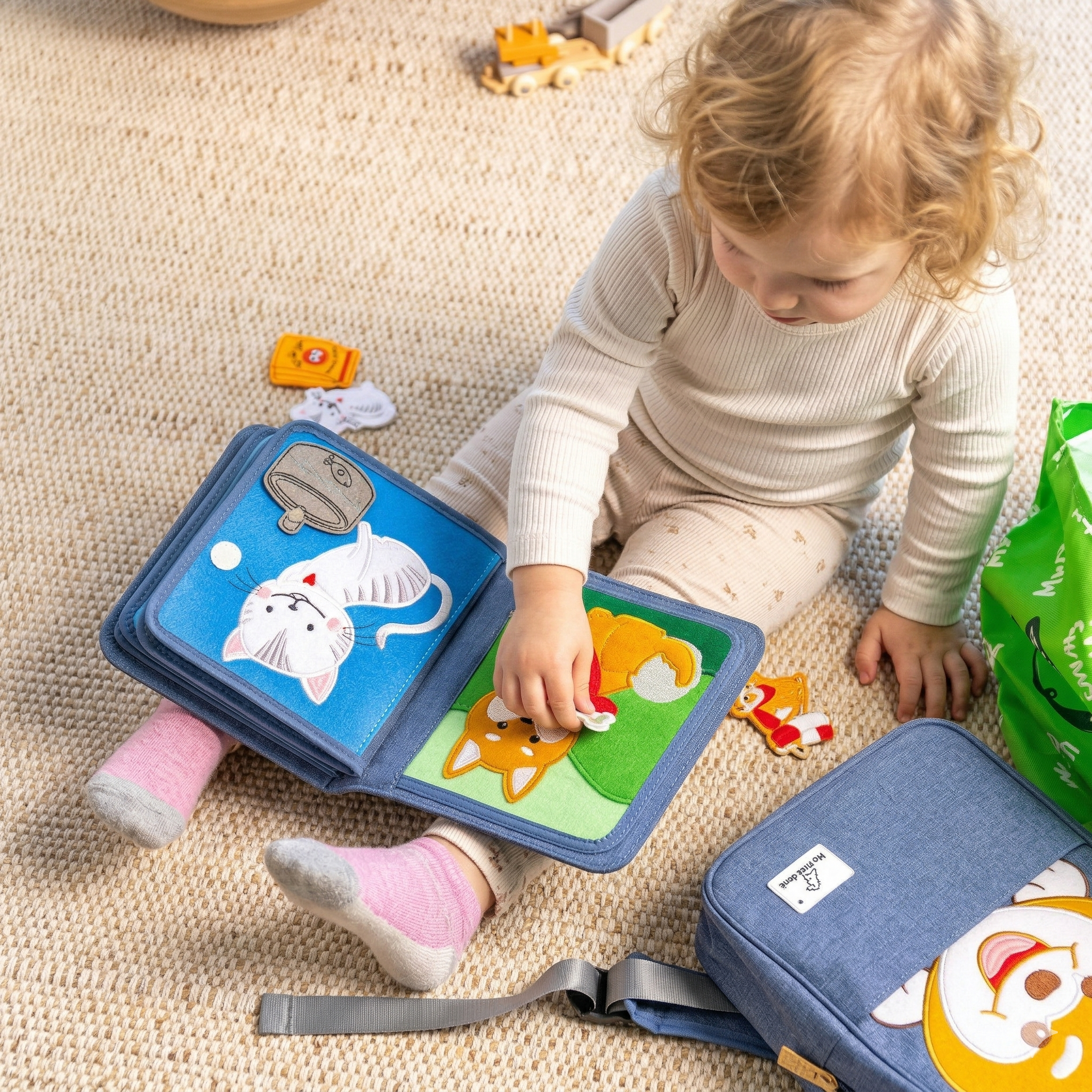 Spielszene: Kleinkind sitzt auf dem Teppich und spielt konzentriert mit der aufgeschlagenen Hunde- und Katzenseite des Pet Friends Quiet Books, daneben der passende Hunde-Rucksack. Ab 1 Jahr.