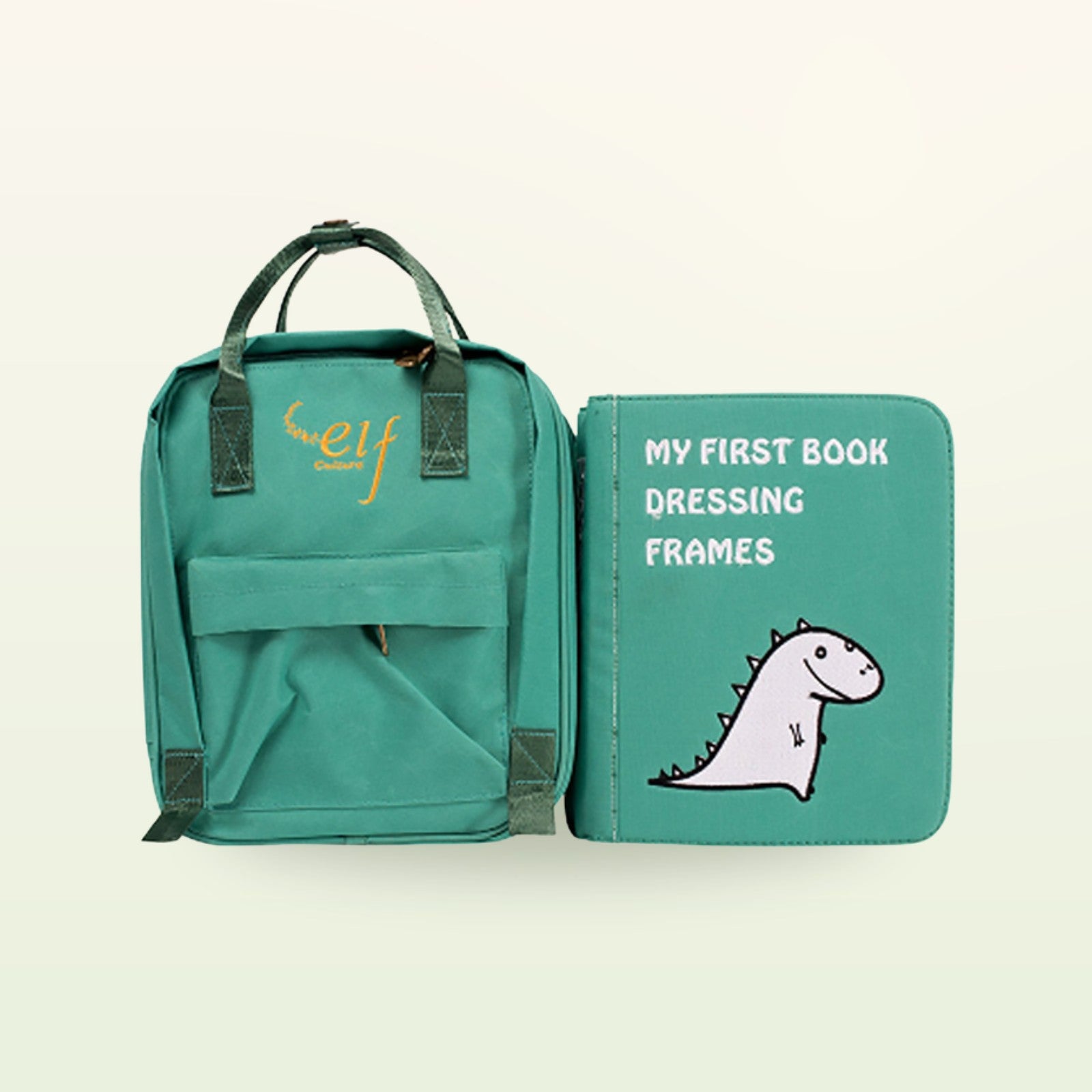 Kleiderschrank Montessori Quiet Book mit passendem grünen Rucksack auf sanftem Creme-Hintergrund – ab 3 Jahren