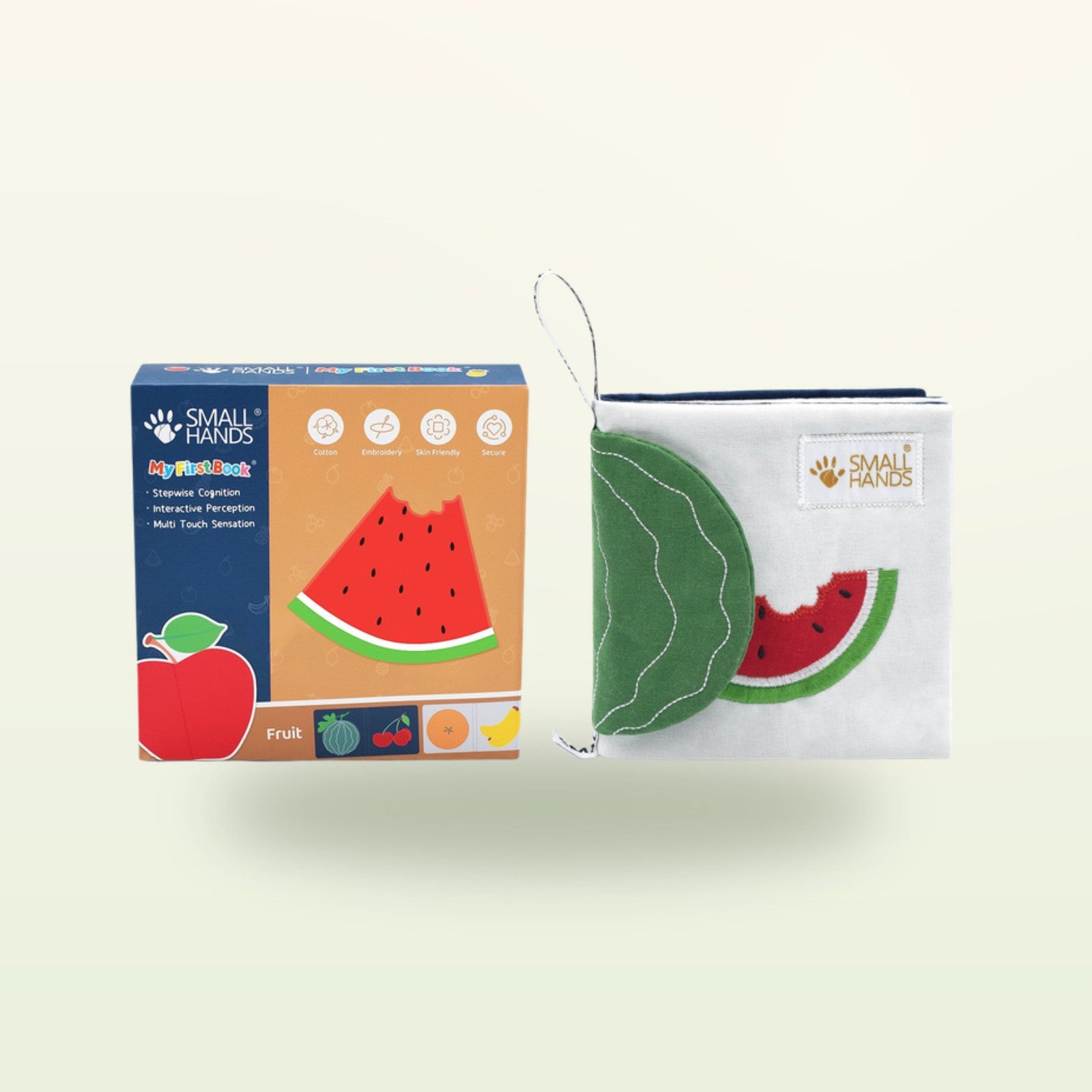 Small Hands Exotische Früchte Montessori Fühlbuch – Verpackung mit Buch und Wassermelone auf sanftem Creme-Hintergrund – ab 0 Monaten