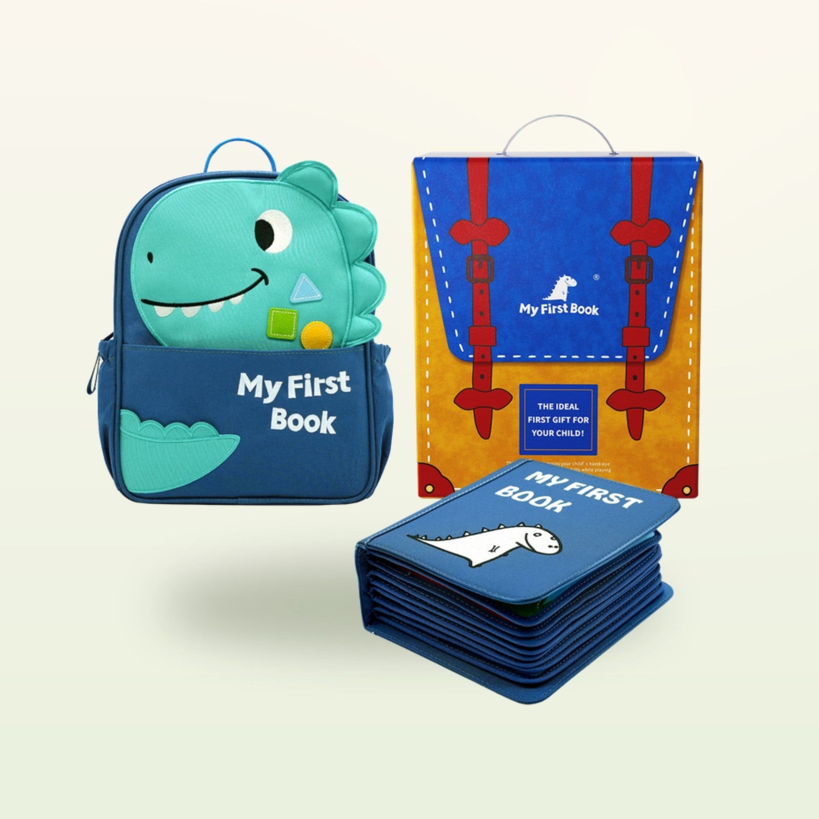 Mein Alltag blau Montessori Quiet Book mit passendem blauem Dino-Rucksack und Geschenkbox auf sanftem cremefarbenem Hintergrund – komplettes Set ab 1 Jahr