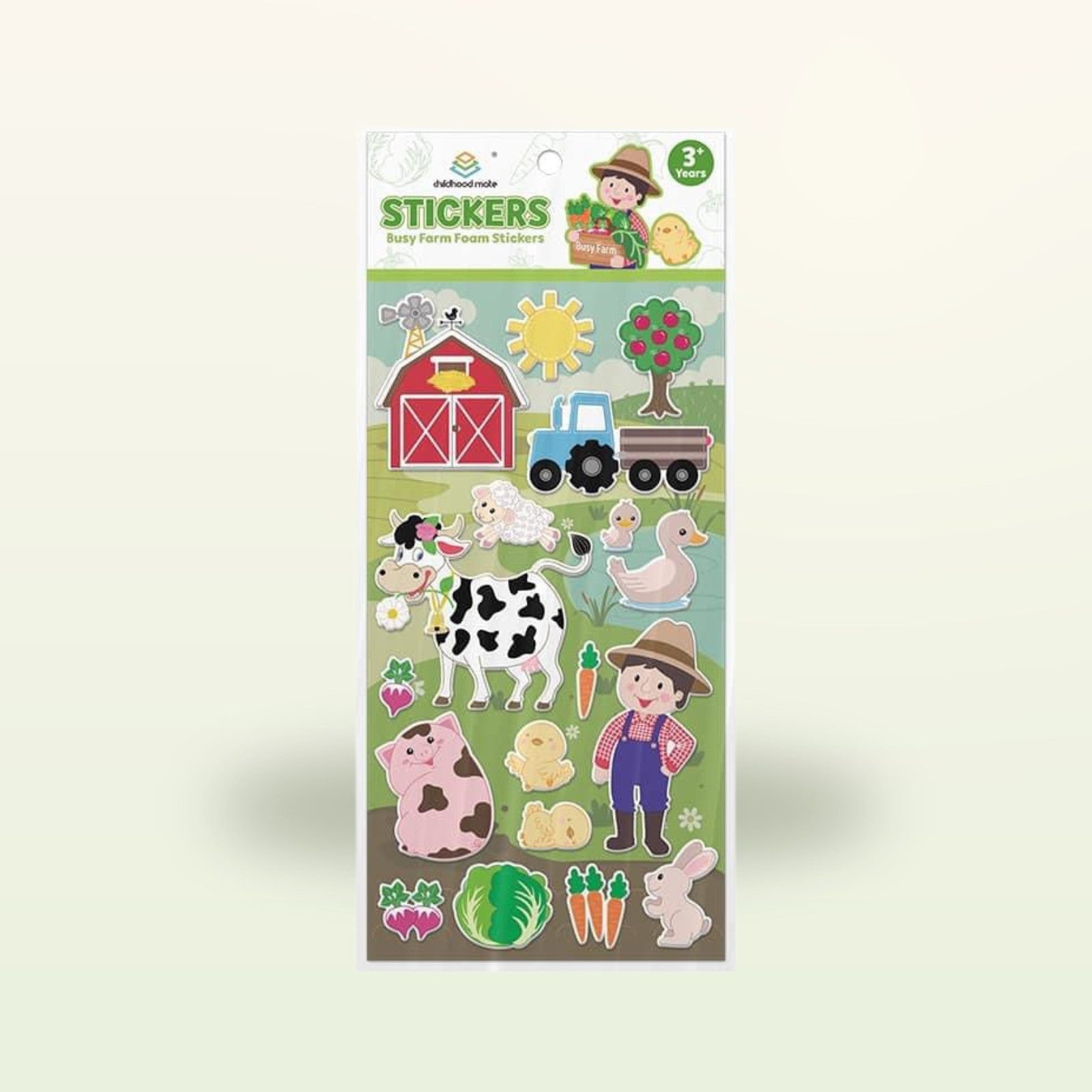 My First Book Sticker – Bauernhof-Stickerbogen mit Tieren und Traktor auf sanftem Creme-Hintergrund