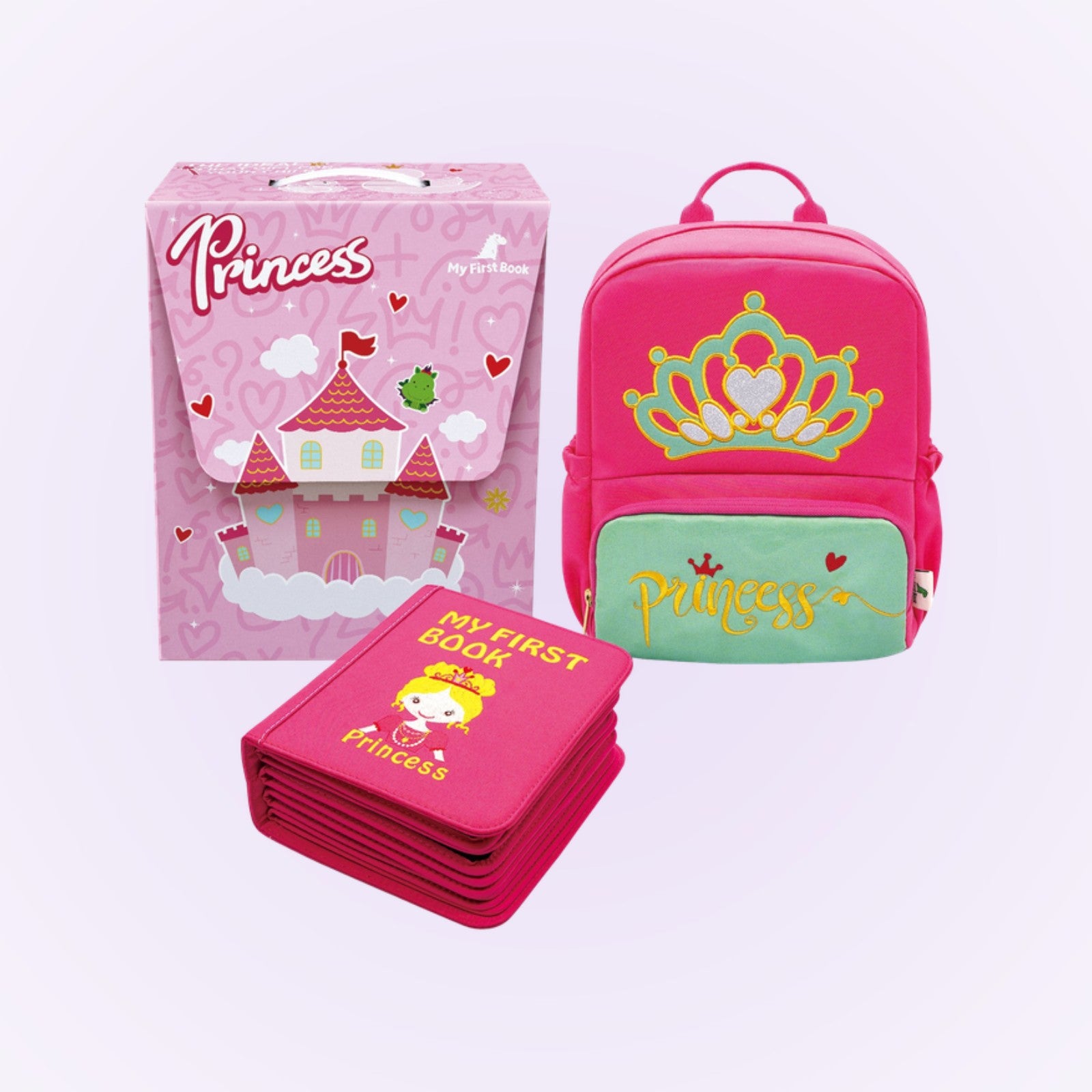 Prinzessin Geschenkset mit Box, Rucksack und Buch auf sanftem Lavendel-Hintergrund – ab 3 Jahren