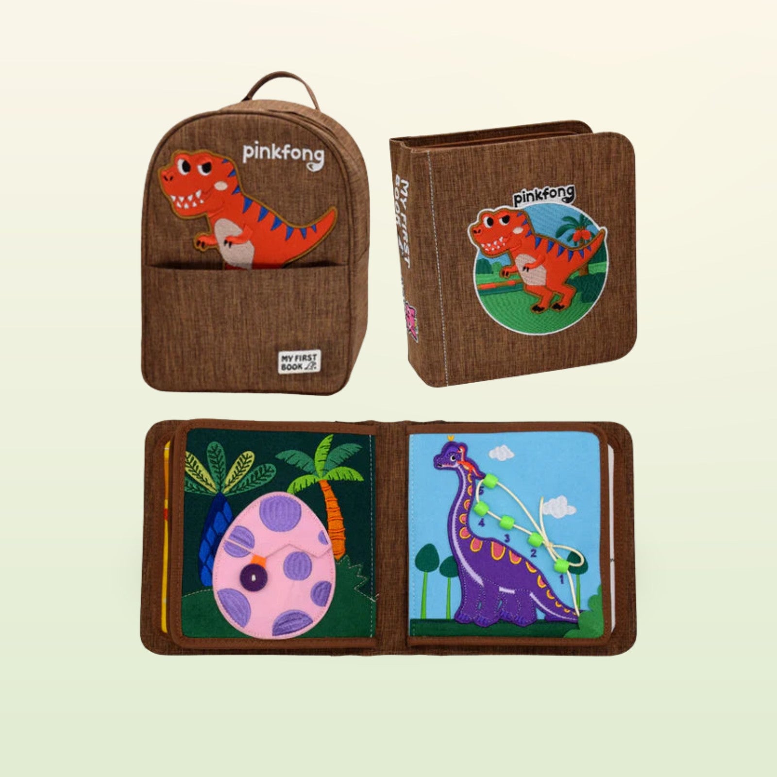 My First Book T-Rex Quiet Book mit passendem Dino-Rucksack auf sanftem Dschungelgrün-Hintergrund – ab 1 Jahr