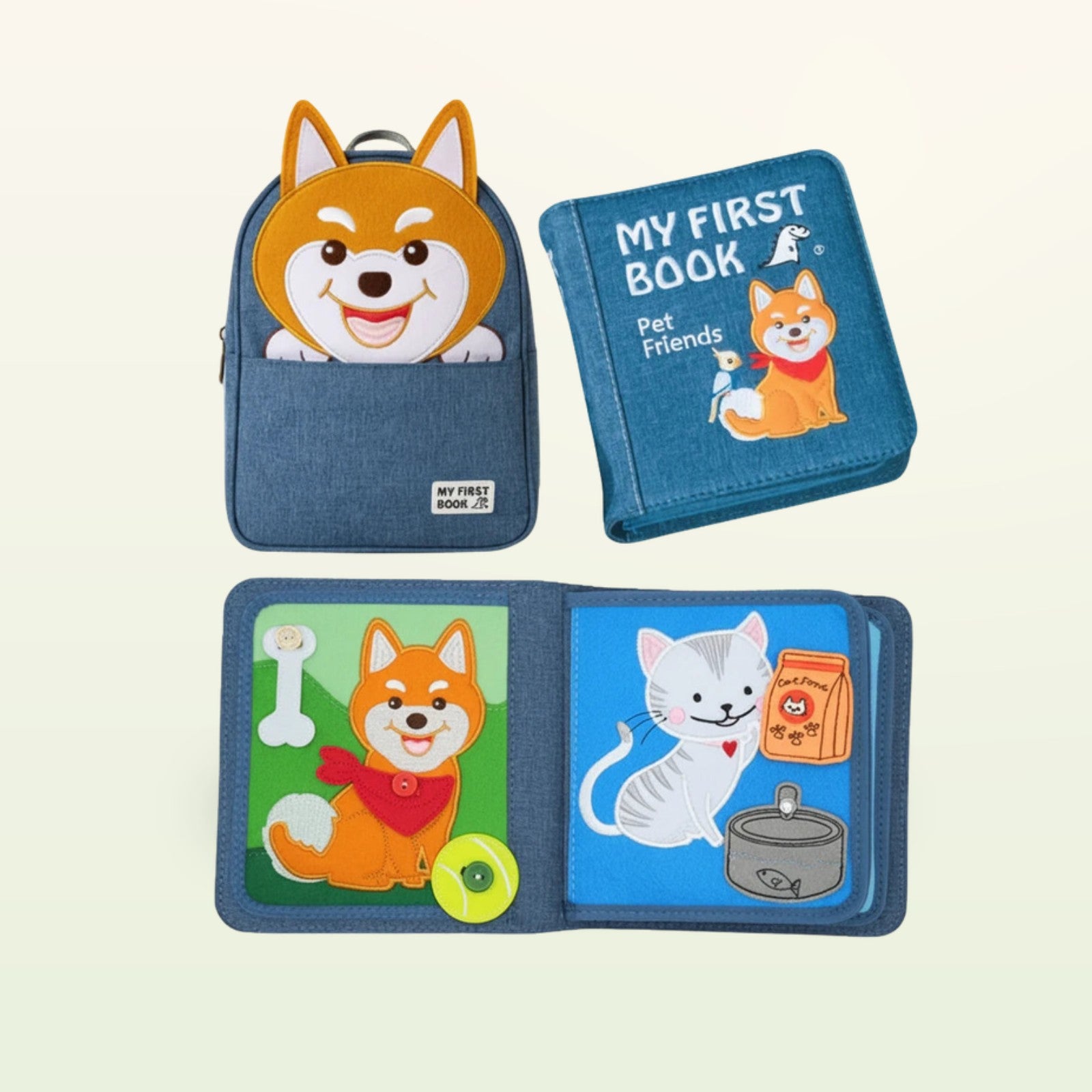 My First Book Pet Friends Quiet Book Set auf sanftem Creme-Hintergrund – ab 1 Jahr