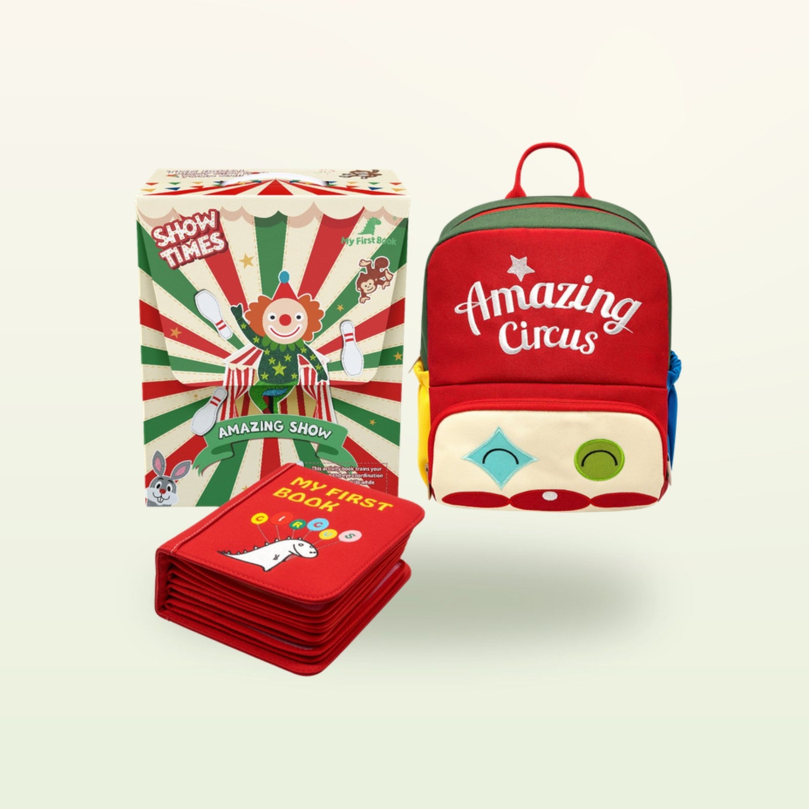 Zirkusabenteuer Montessori Quiet Book mit passendem Amazing-Circus-Rucksack und Showtime-Geschenkbox auf sanftem cremefarbenem Hintergrund – komplettes Set ab 3 Jahren