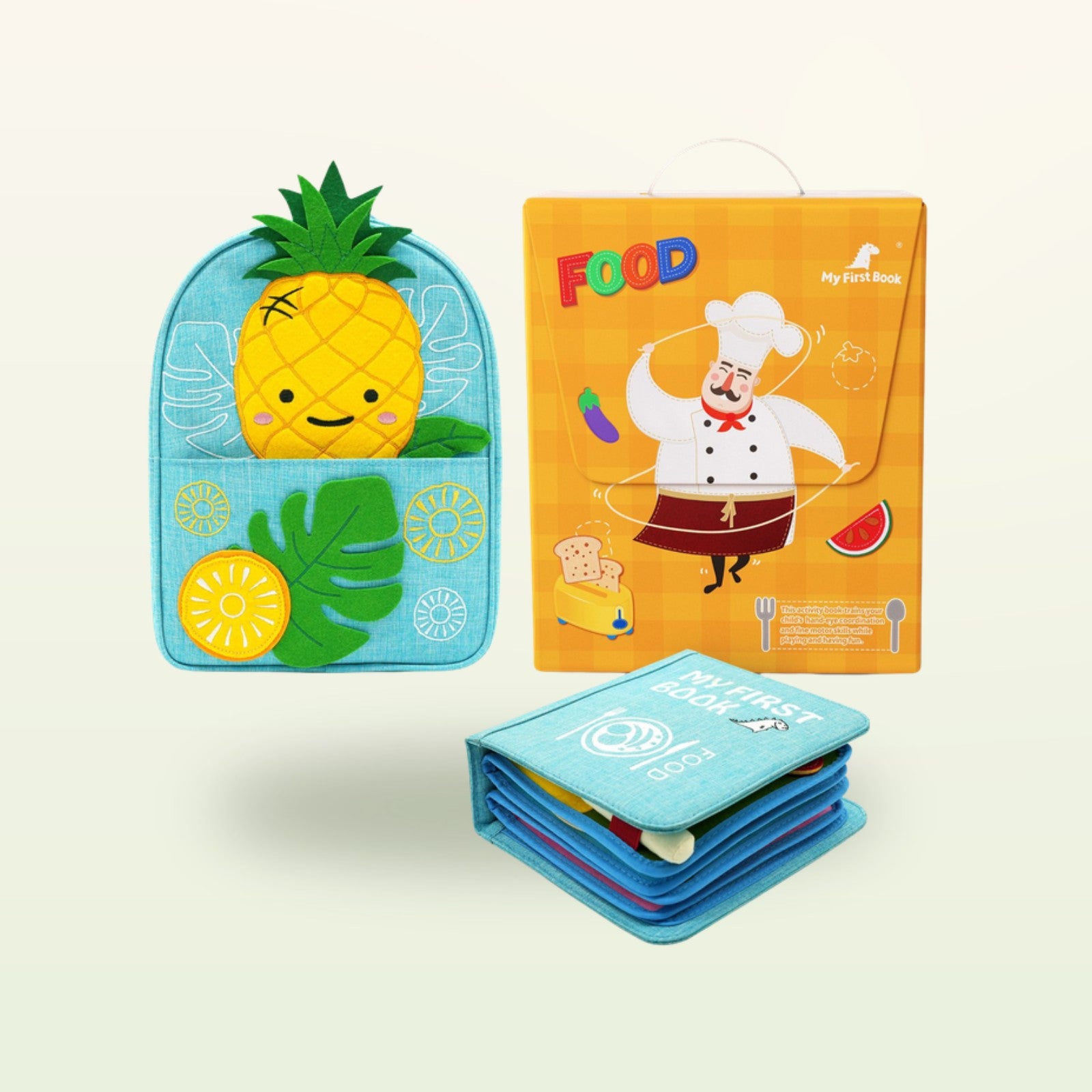 Kleine Feinschmecker Montessori Quiet Book mit Rucksack und Verpackung auf sanftem Creme-Hintergrund – ab 1 Jahr