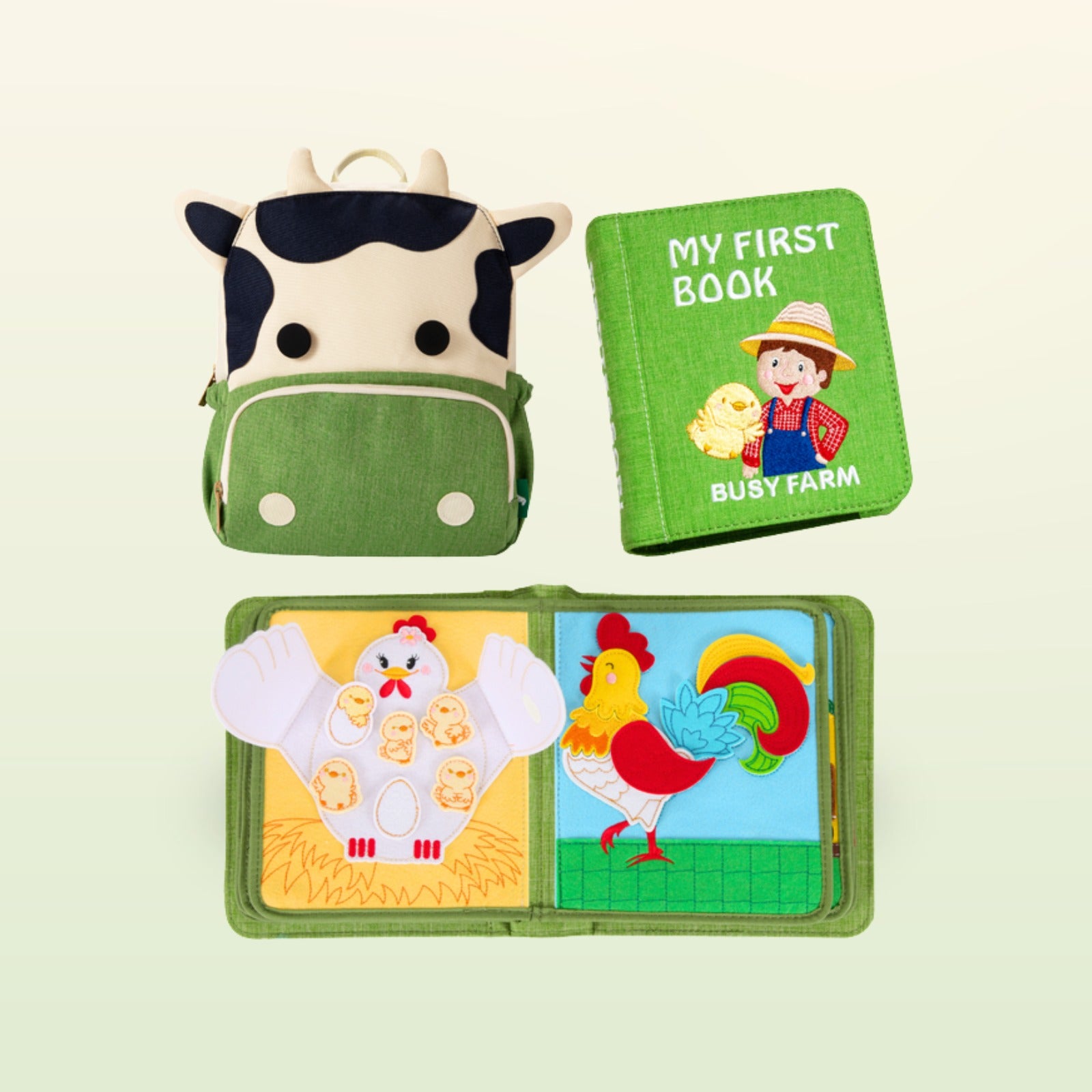 My First Book Bauernhof Quiet Book – Rucksack, Buch und Henne-Seite auf sanftem Wiesen-Hintergrund, komplettes Set ab 3 Jahren