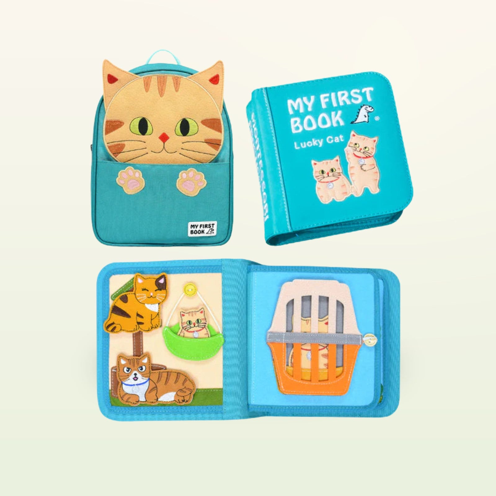 Glückliche Katze Montessori Quiet Book mit Katzen-Rucksack und aufgeschlagenen Filzseiten auf sanftem Creme-Hintergrund – ab 1 Jahr