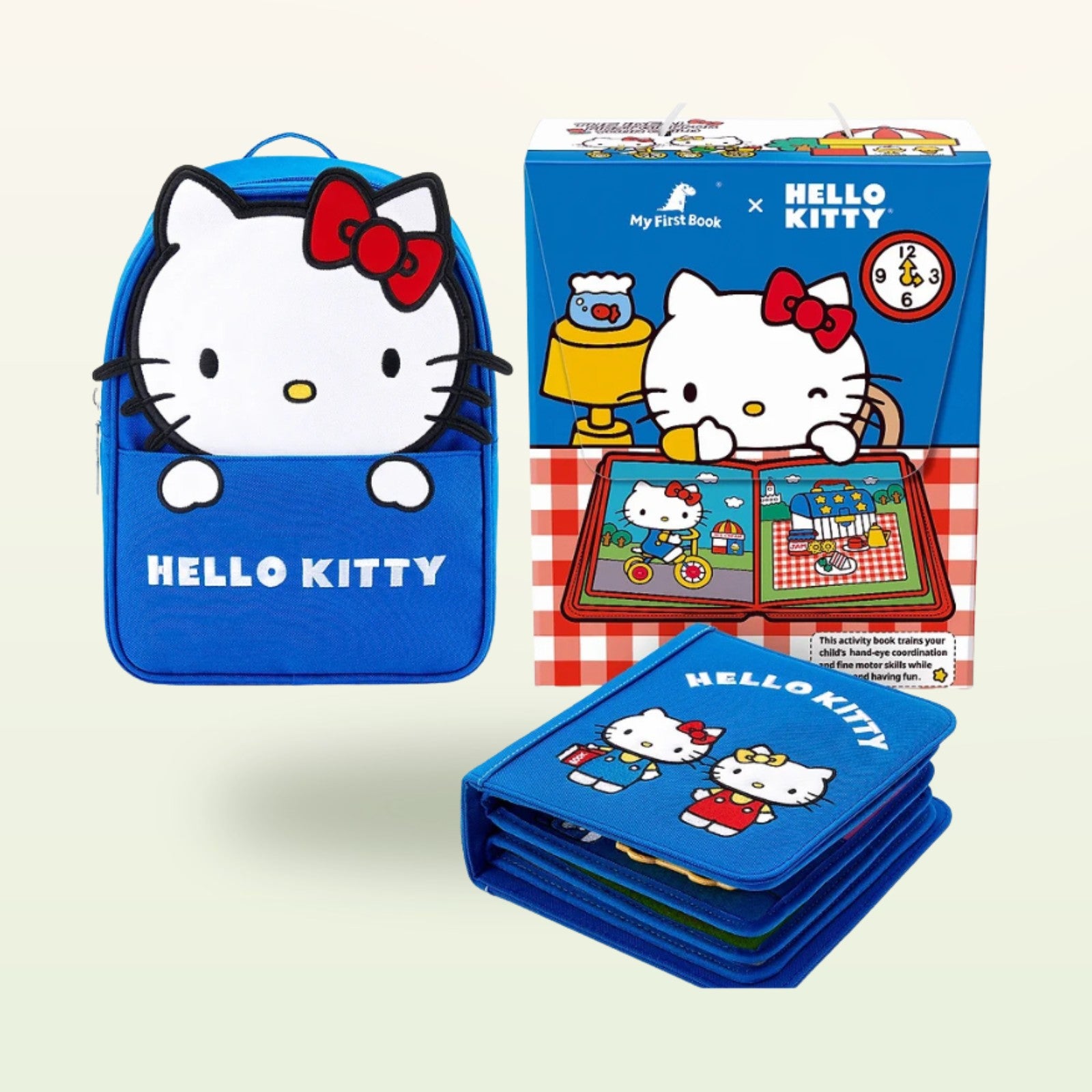 Hello Kitty Quiet Book blau Geschenkset mit Box auf sanftem Creme-Hintergrund – ab 1 Jahr