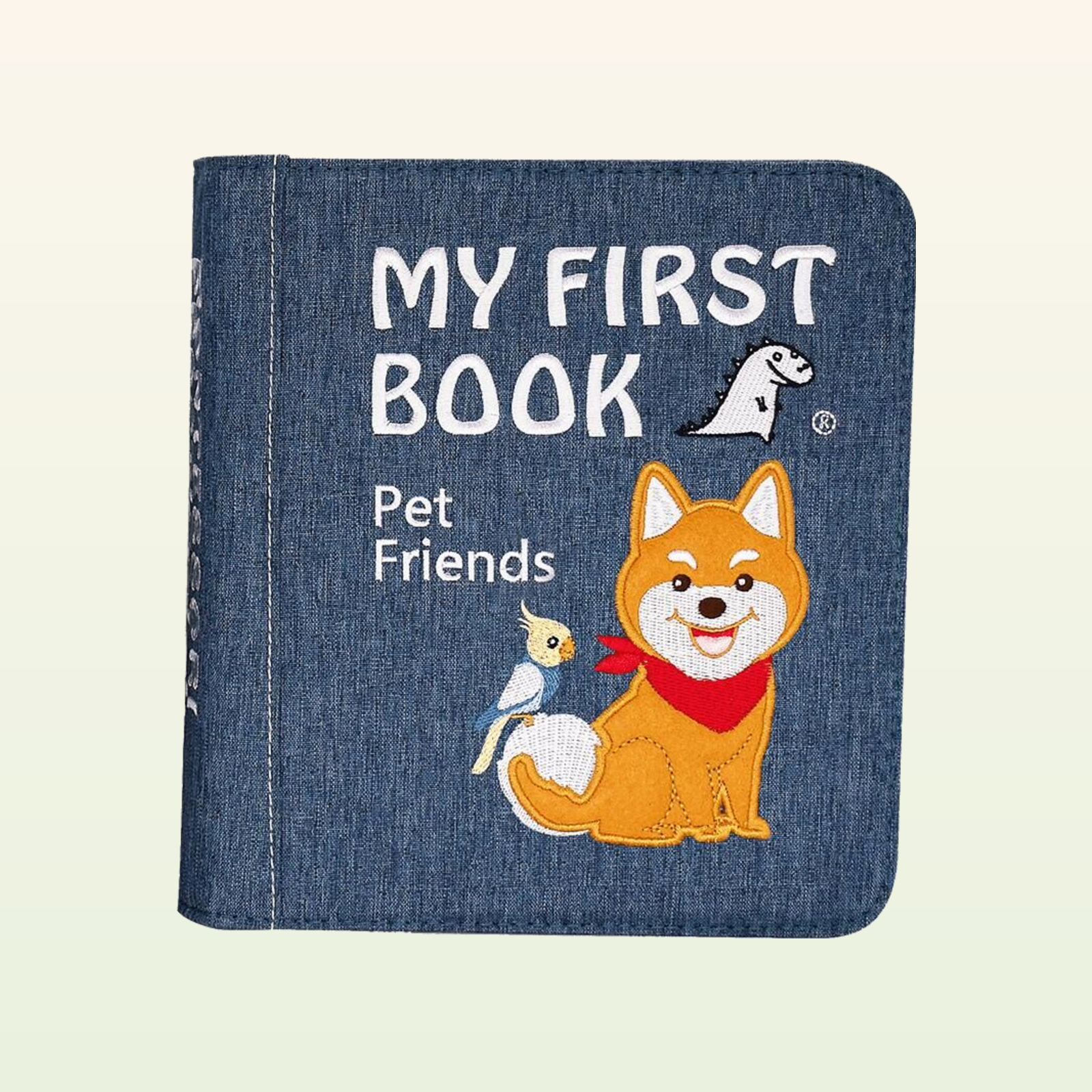 Pet Friends Quiet Book geschlossen – denim-blaues MY-FIRST-BOOK-Cover mit Shiba-Hund und Vogel auf sanftem Creme-Hintergrund