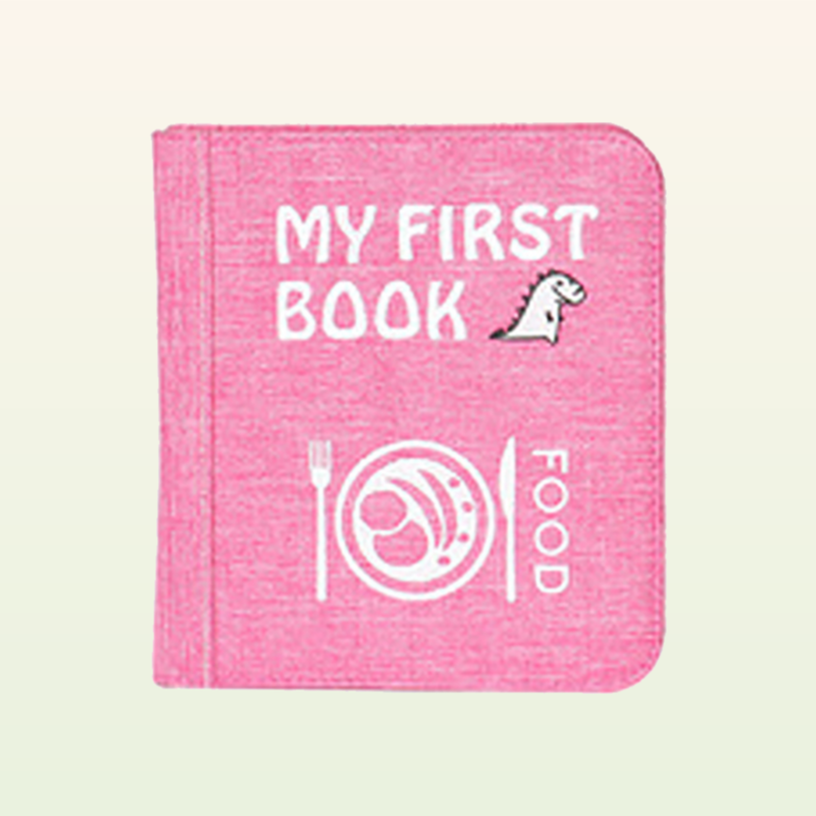 Kleine Feinschmecker Quiet Book geschlossen – rosa MY-FIRST-BOOK-Food-Cover auf sanftem Creme-Hintergrund