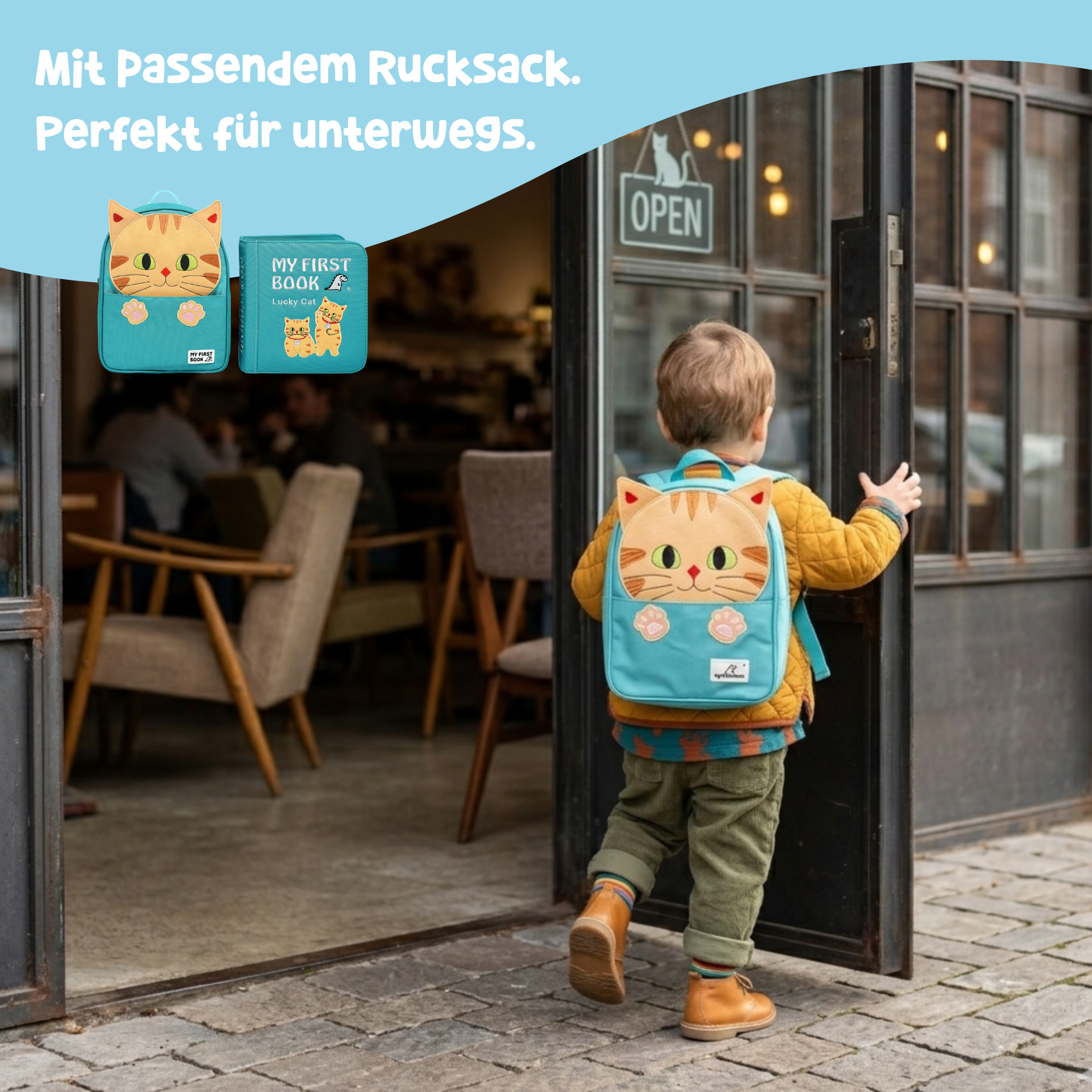 Kleinkind trägt den Katzen-Rucksack der Glücklichen Katze unterwegs – Quiet Book mit passendem Rucksack ab 1 Jahr
