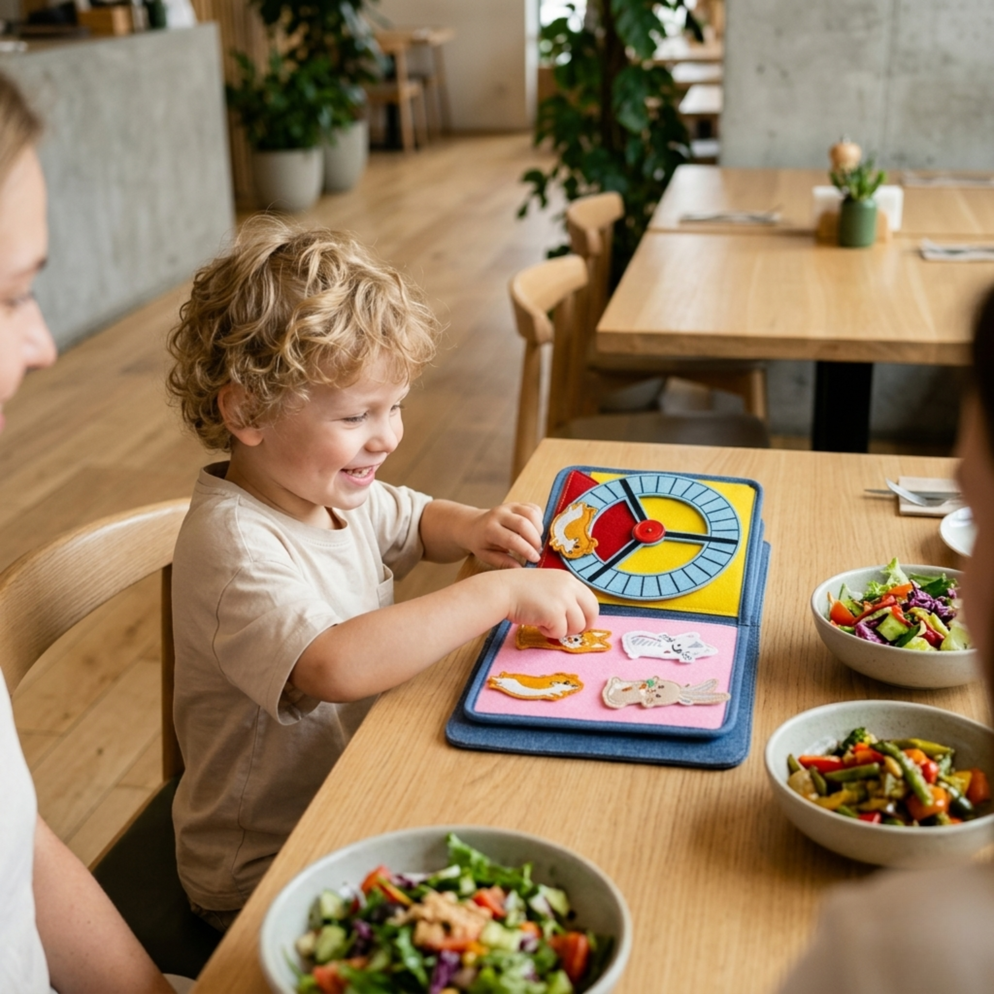 Lächelndes Kind spielt im Restaurant mit dem Pet Friends Quiet Book: zu sehen die Seite mit dem gelben Hamster-Laufrad und die Seite mit abnehmbaren Filz-Tieren wie Hund und Hase, dazu gesundes Essen in Schüsseln. Ab 1 Jahr.