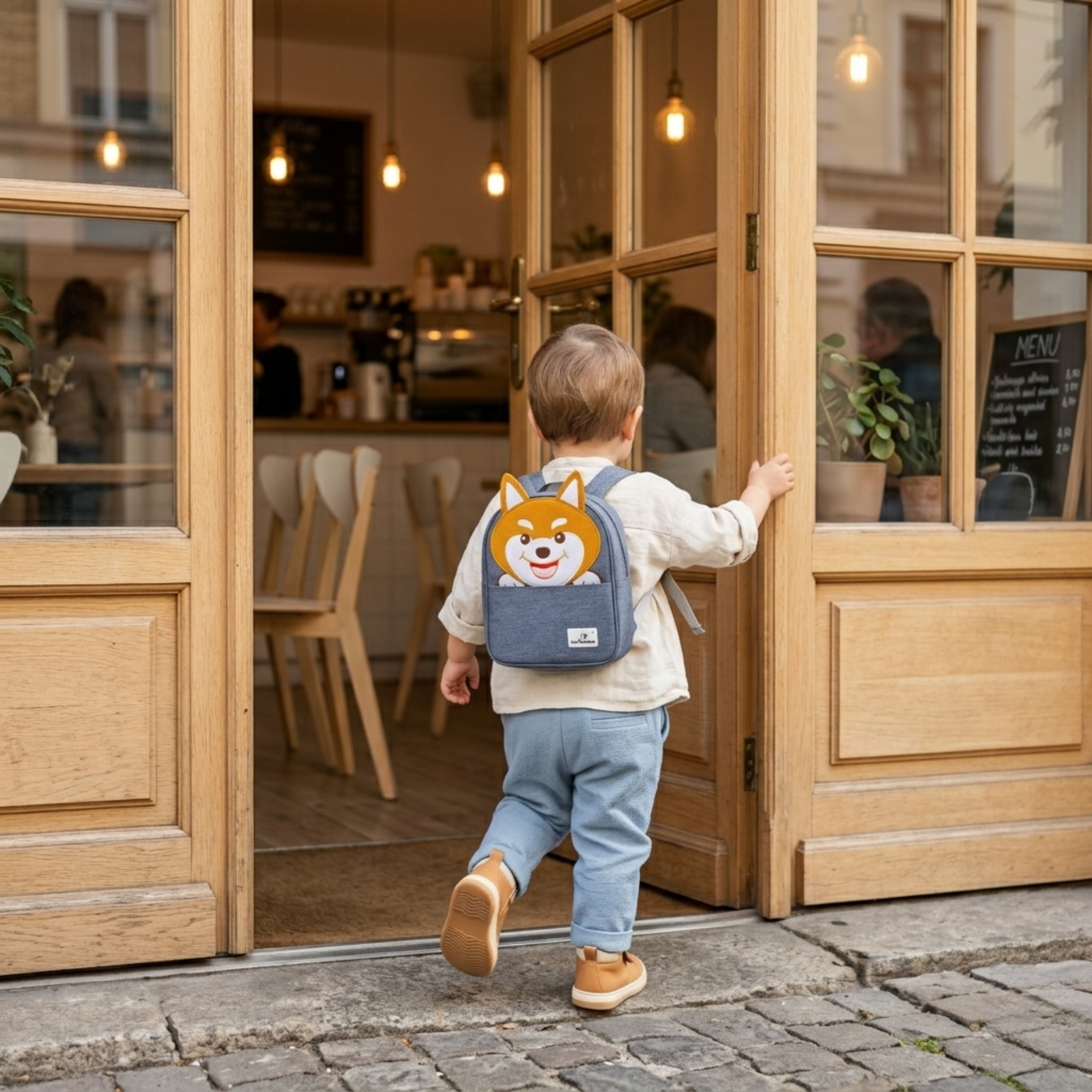 Kind läuft mit dem Pet Friends Shiba-Hunde-Rucksack in ein Café mit Eichenholz-Türen und großen Fenstern – Montessori Quiet Book Set als Begleiter für unterwegs. Ab 1 Jahr.