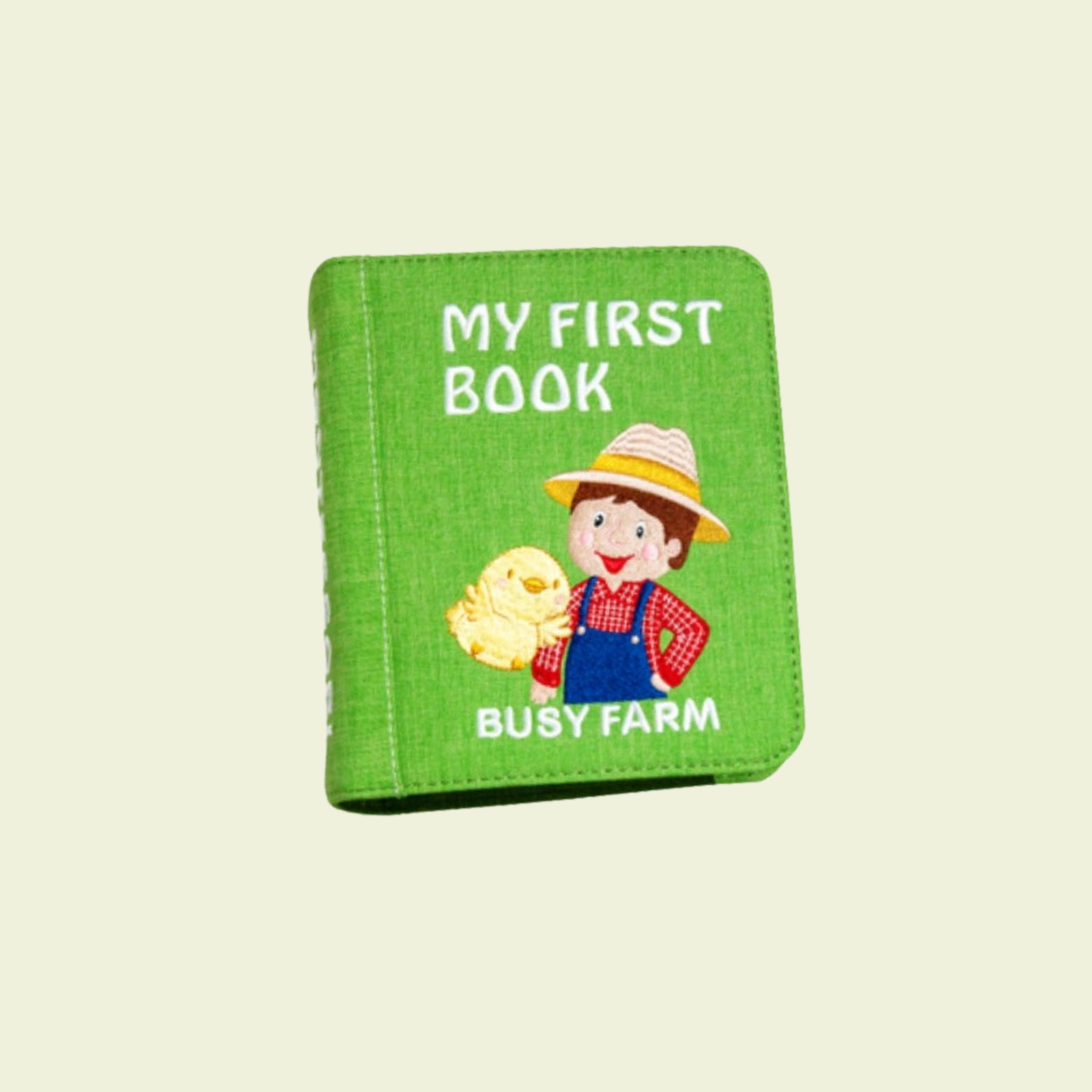 My First Book Bauernhof Quiet Book – geschlossenes Buch mit Bauer und Küken auf sanftem Wiesen-Hintergrund